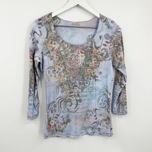 Vintage Y2K Fairycore Shirt Size Large Whimsical Floral Rhinestone Early 2000s